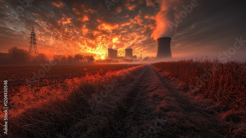 Frosty field path at sunrise near a steaming power plant. photo