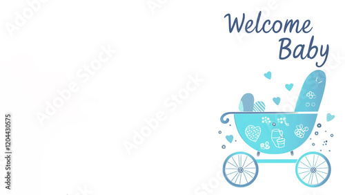 Illustration of a blue baby stroller surrounded by various baby-related icons and symbols decorations, title “Welcome Baby" above it. Isolated on white. Copy space, 16:9. Banner, greeting card design