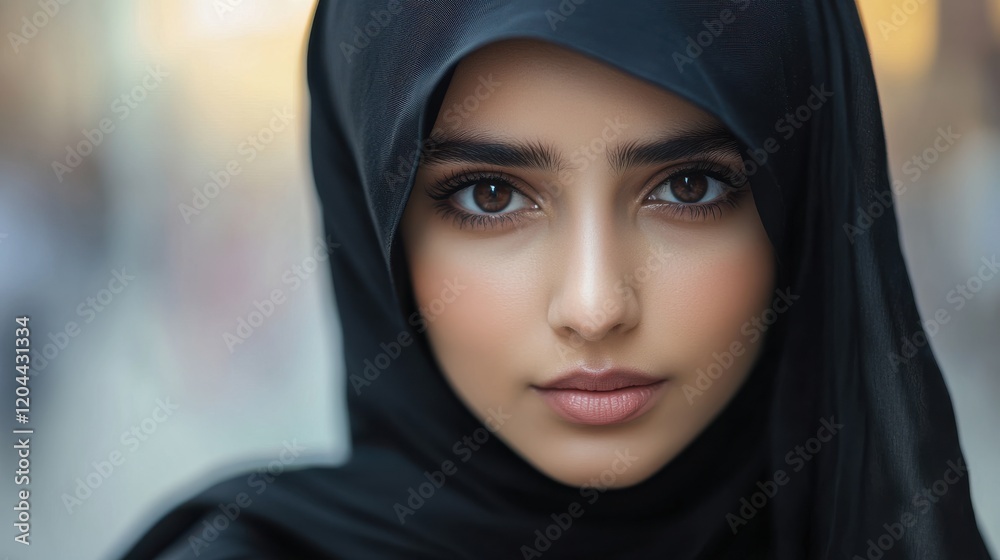 beautiful young Muslim woman covered her face in black hijab. focus on the eyes beautiful young Muslim woman covered her face in black hijab. focus on the eyes