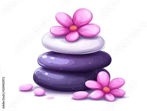 Elegant stack of purple spa stones adorned with pink frangipani flowers on a serene white background, symbolizing relaxation and tranquility in wellness focused vector artwork