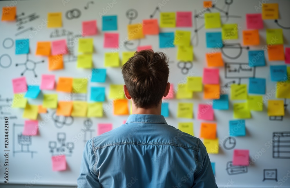 Man contemplates colorful post-it notes on wall. Ideas, tasks visible on wall. Brainstorming session project planning in workspace. Person appears thoughtful, creative. Planning organizing project. Man contemplates colorful post-it notes on wall. Ideas, tasks visible on wall. Brainstorming session project planning in workspace. Person appears thoughtful, creative. Planning organizing project.