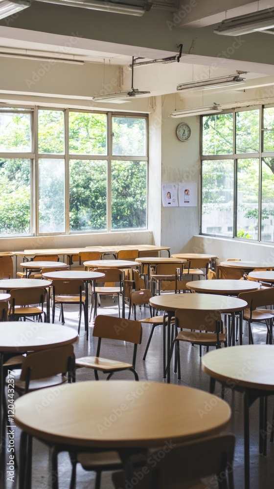 A spacious classroom with wooden tables and chairs, illuminated by natural light. A spacious classroom with wooden tables and chairs, illuminated by natural light.