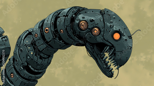 Illustration of a black mamba monster robot made of iron. Vintage Robot. Illustration