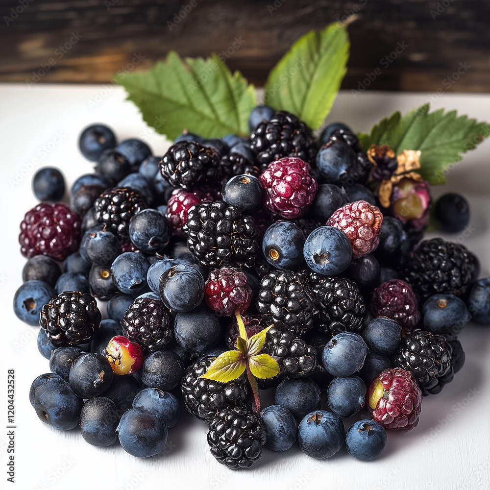 Close-up of mixed blackberries and blueberries Close-up of mixed blackberries and blueberries
