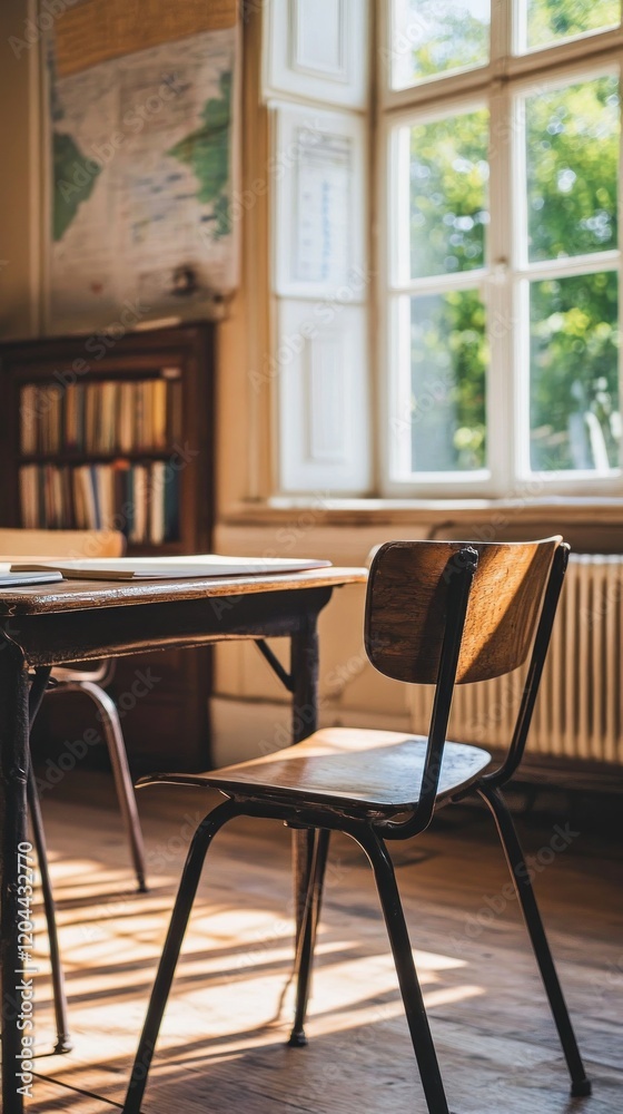 A sunlit classroom featuring a desk and chair, creating a warm, inviting study space. A sunlit classroom featuring a desk and chair, creating a warm, inviting study space.