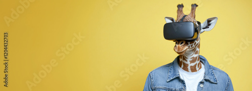 Giraffe with Black VR Headset on Yellow Background: Funny Animal with Virtual Reality Headset and Jeans Jacket on Vibrant Yellow Backdrop - Banner with Copy Space