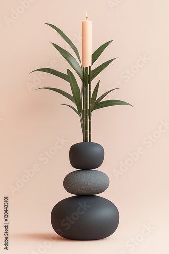 Vertical spa arrangement with a green potted plant and stacked black stones topped with a single candle, symbolizing mindfulness and balance in a minimalist vector design