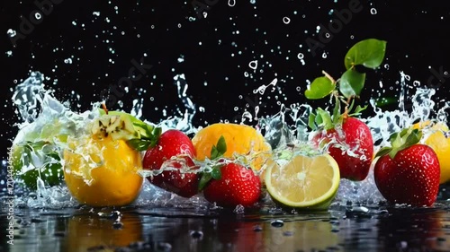 A colorful array of fruits, including strawberries, kiwi, and lemons, is captured mid-splash in a water spray