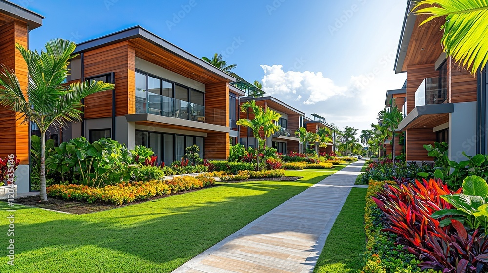 Obraz premium Tropical resort walkway with modern villas, lush gardens, blue sky.