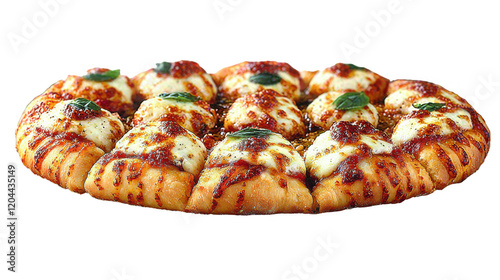This image showcases a delicious platter of cheesy stuffed bread featuring a golden crust, melted cheese, and fresh basil leaves. It's an appetizing culinary dish.