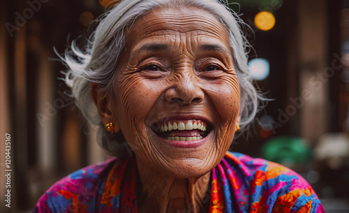 A woman with a big smile on her face. She is wearing a colorful dress. Concept of happiness and warmth photo