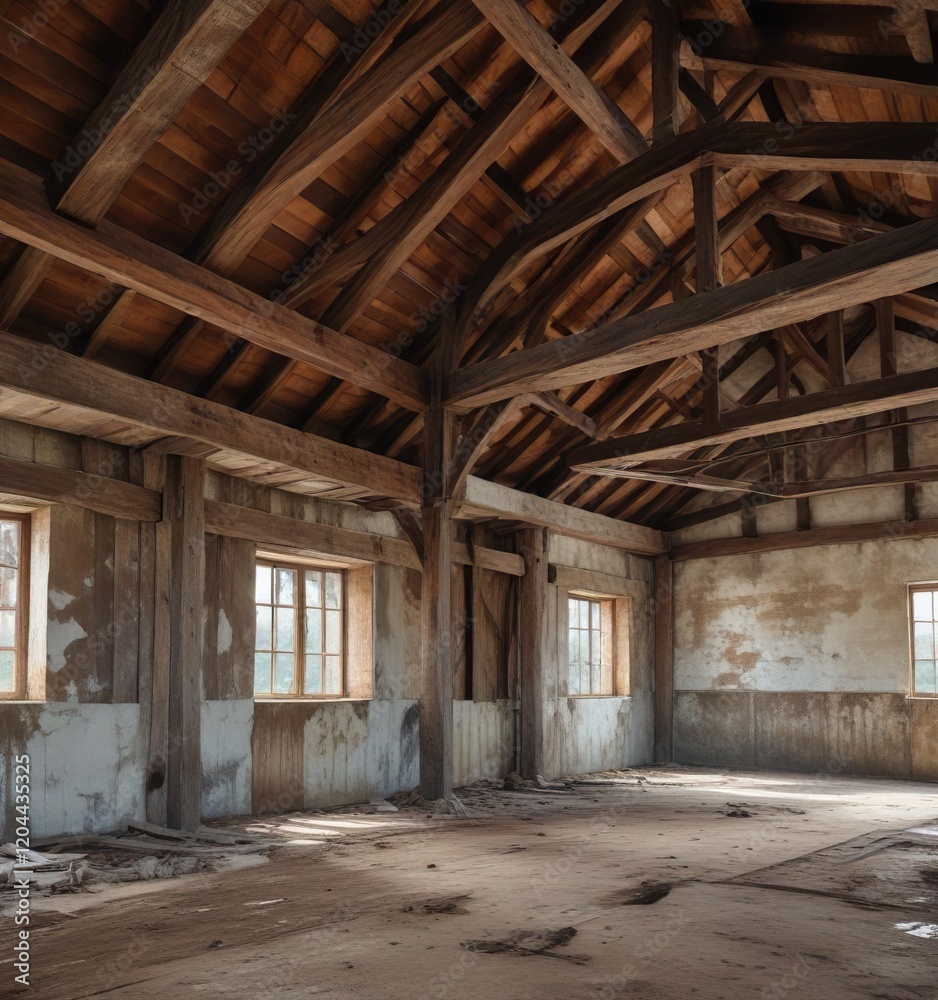 Worn wooden beams in a historic barn with peeling paint, quaint, retro, rustic, classic Worn wooden beams in a historic barn with peeling paint, quaint, retro, rustic, classic