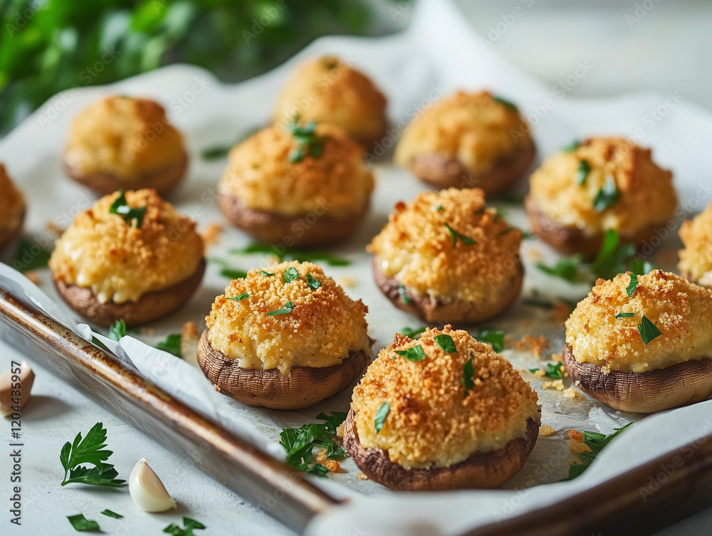 Rustic Baking Scene with Stuffed Mushrooms Rustic Baking Scene with Stuffed Mushrooms