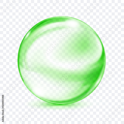 A single, translucent smooth green sphere with glares and subtle soft shadow beneath it, on transparent background. Vector illustration for design projects and creative works.