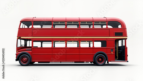 Classic red double-decker bus. Isolated on white background. Iconic British public transport vehicle. Retro design. Classic style. Suitable for travel, tourism themes. Represents urban