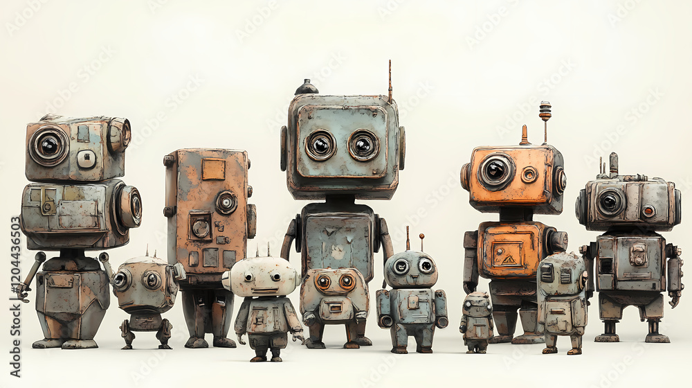 Fototapeta premium A group of analog robots in retro style. Vintage Robot. Illustration