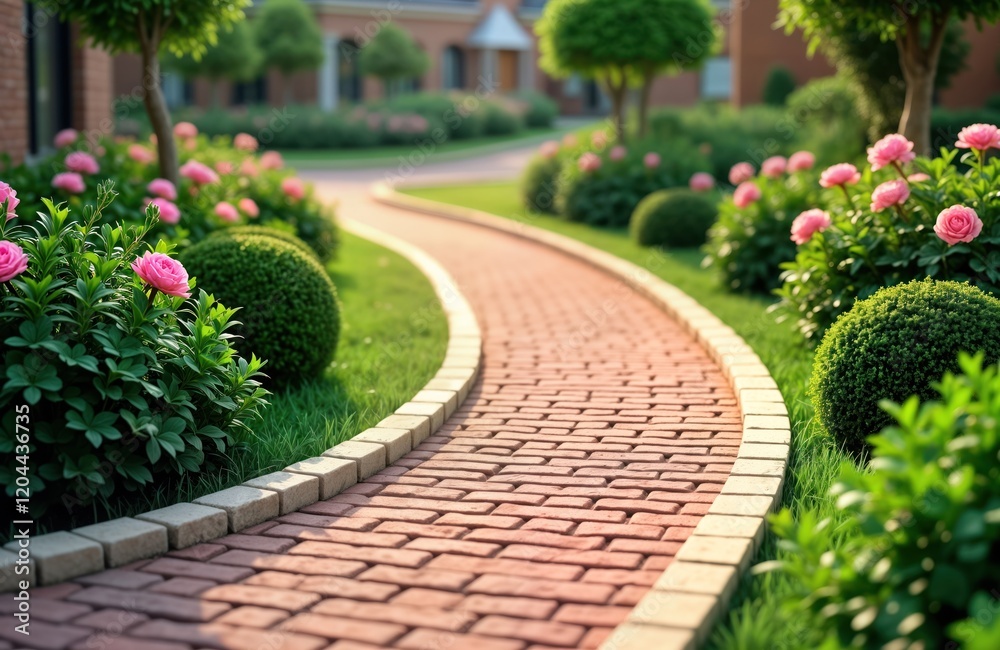 Obraz premium Elegant clinker brick path winds through landscaped garden. Pink peonies, trimmed bushes create beautiful floral border. Green grass surrounds path. House visible in background. Outdoor design