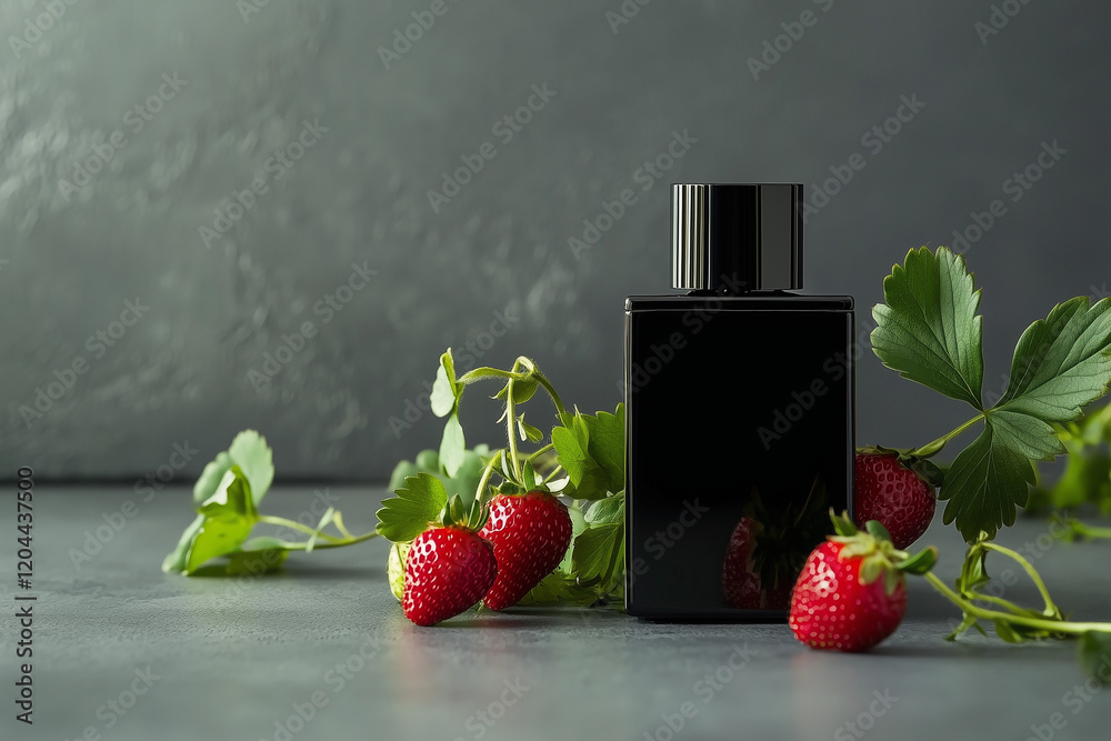 black perfume bottle with sprigs of wild strawberries on a gray background. Concept of berry aroma