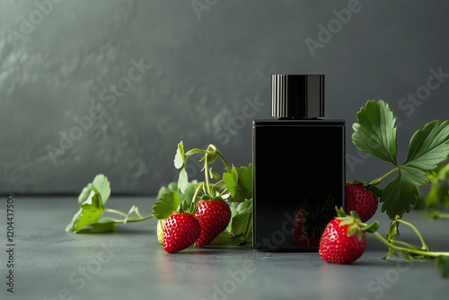 Obraz na płótnie black perfume bottle with sprigs of wild strawberries on a gray background. Concept of berry aroma w salonie