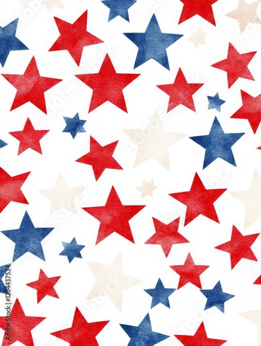 Vibrant patriotic star pattern with bold red, blue, and white stars creating a festive illustration perfect for celebrations and themed events
