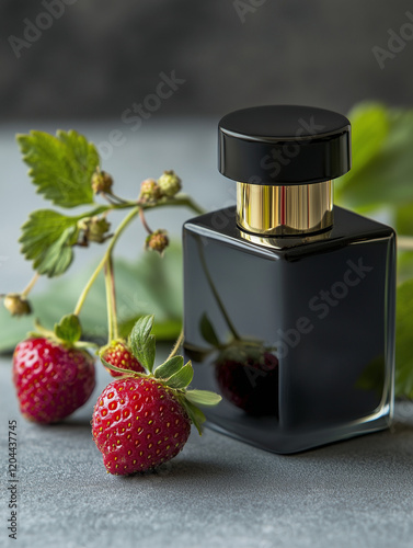 Obraz na płótnie black perfume bottle with sprigs of wild strawberries on a gray background. Concept of berry aroma w salonie