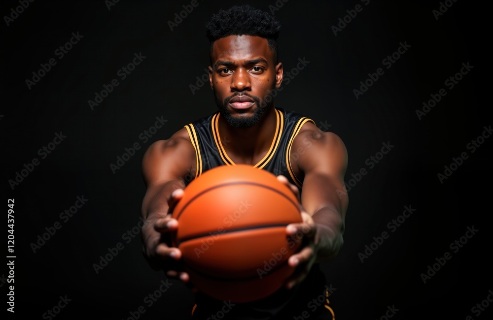 Focused basketball player holds ball confidently in front of. Serious athlete in studio. Powerful pose against dark background. Pro sports photo. Action shot. Sporty attire. Studio portrait. Player Focused basketball player holds ball confidently in front of. Serious athlete in studio. Powerful pose against dark background. Pro sports photo. Action shot. Sporty attire. Studio portrait. Player