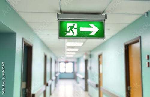 Hospital corridor shows emergency fire exit sign. Green arrow lightbox sign hangs from ceiling. Hospital interior with light, airy feel. Indicates evacuation route. Shows safe way to exit building.