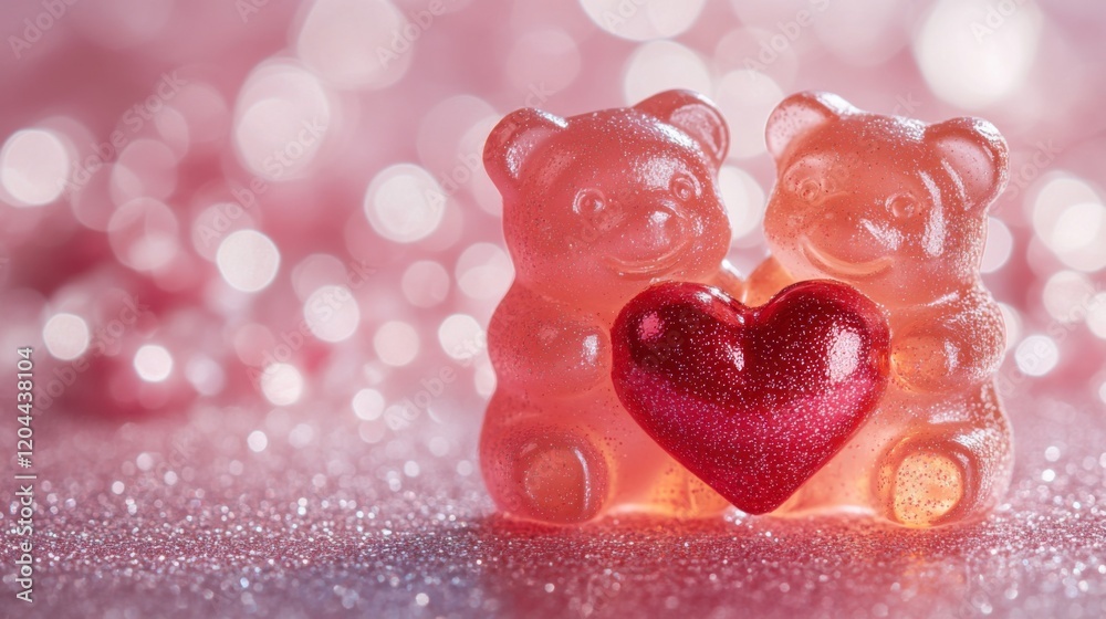 Fototapeta premium Cute gummy bears hugging heart, cozy Valentine's Day background, sweet romantic love. Social media template for business promotions.