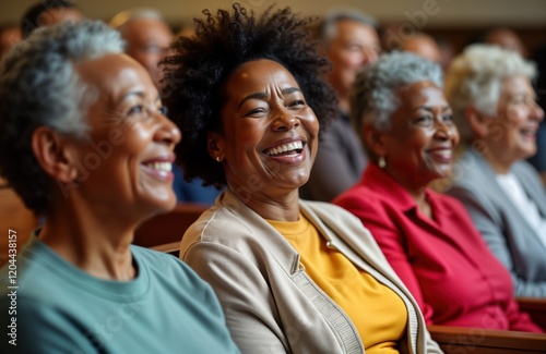 Elderly African American community members joyfully gather at church service. Smiling woman stands out in friends, family. United by faith, showing happiness, togetherness. Scene evokes strong sense