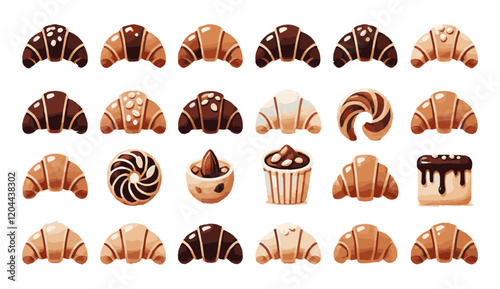 Assorted chocolate pastries, including croissants, muffins, and swirls, evoke sweet comfort and bakery delights.
