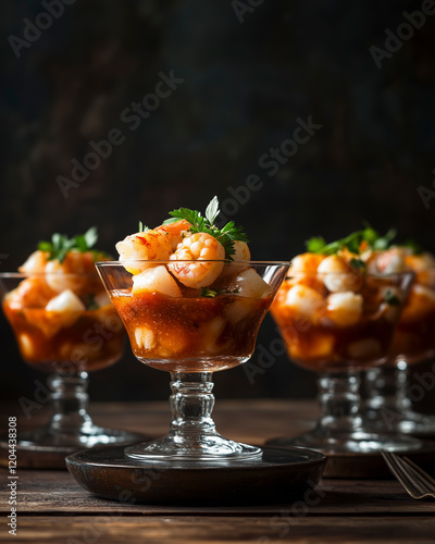 Stacked Glass Shrimp Cocktails on White Background photo