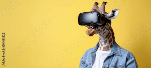 Giraffe with VR Headset on Yellow Background: Funny Animal with Virtual Reality Headset, White Shirt and Jeans Jacket on Vibrant Yellow Backdrop - Banner with Copy Space