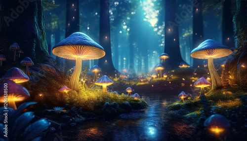 Magical Forest with Glowing Bioluminescent Mushrooms