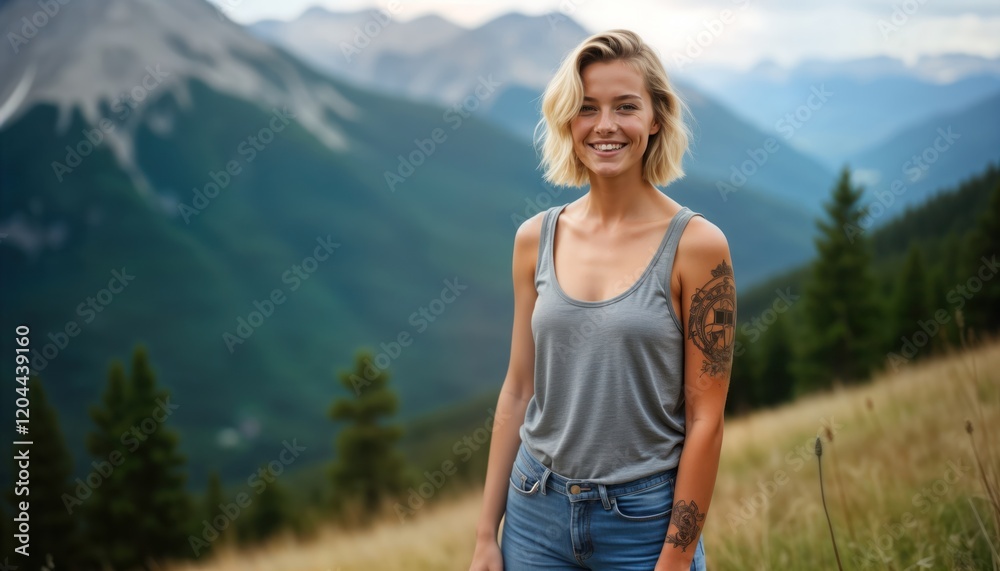 Fototapeta premium Smiling young blond woman stands outdoors in mountains. Stylish short hair. Wears grey tank top, blue jeans. Decorative tattoo visible on arm. Natural scenery includes green trees, distant misty