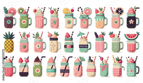 Refreshing fruit smoothies in colorful mason jars, evoking a cheerful and tropical summertime vibe.