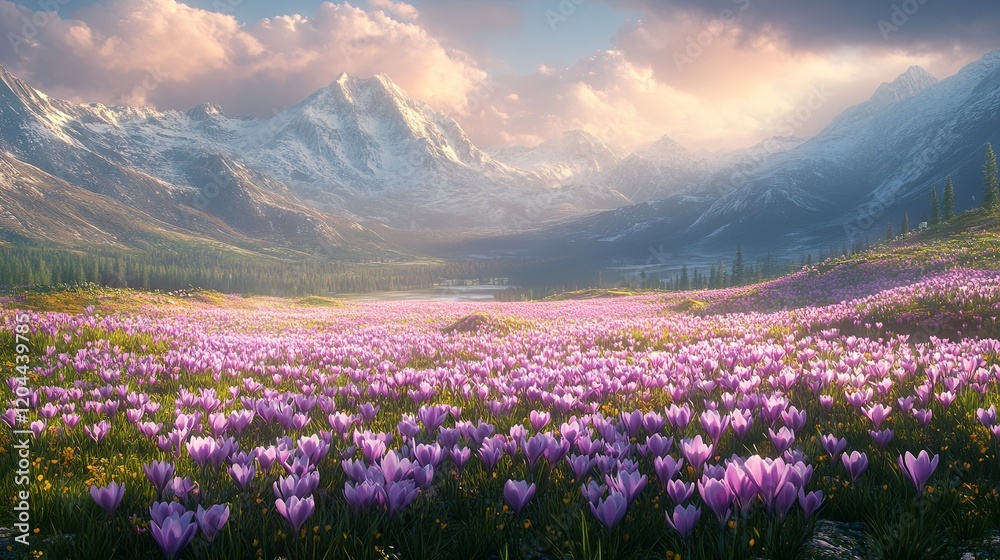 Fototapeta premium Crocuses growing in a spring meadow 