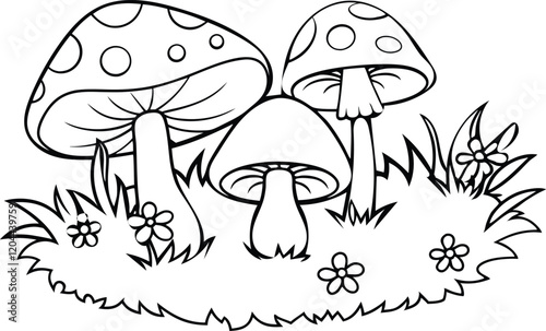 Flowering Plant and Mushrooms Line Art Book Illustration for Nature Lovers mushrooms in the grass