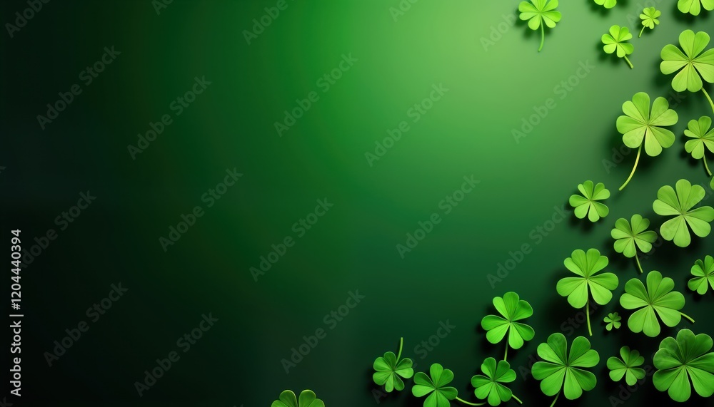 St Patricks Day background design. Green gradient background with many shamrocks. Festive, celebratory image for St Patricks Day. Modern design with clover shapes. Ideal for greeting cards banners