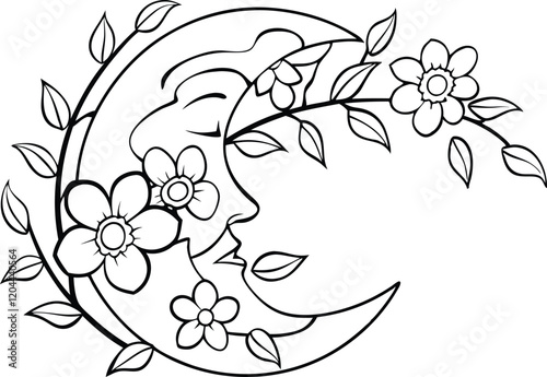 Crescent Moon with Vines and Blooming Flowers Line Art Book Cover Design