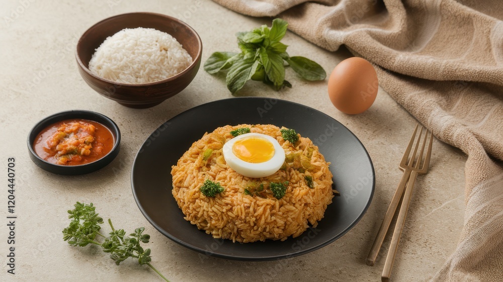 Delicious Egg and Rice Dish with Spicy Sauce Delicious Egg and Rice Dish with Spicy Sauce