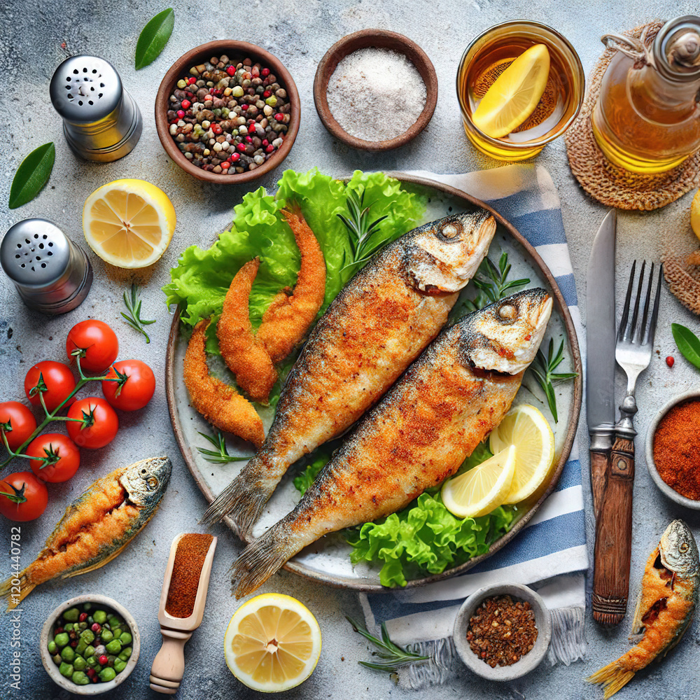 fried fish on the plate. restaurant menu fried fish on the plate. restaurant menu