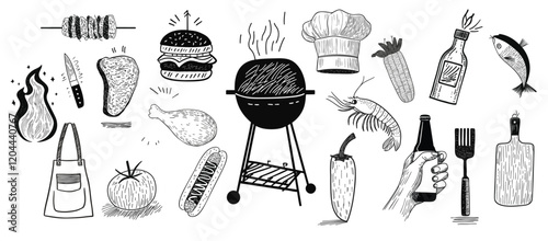Set of summer barbeque Hand drawn style illustration design elements
