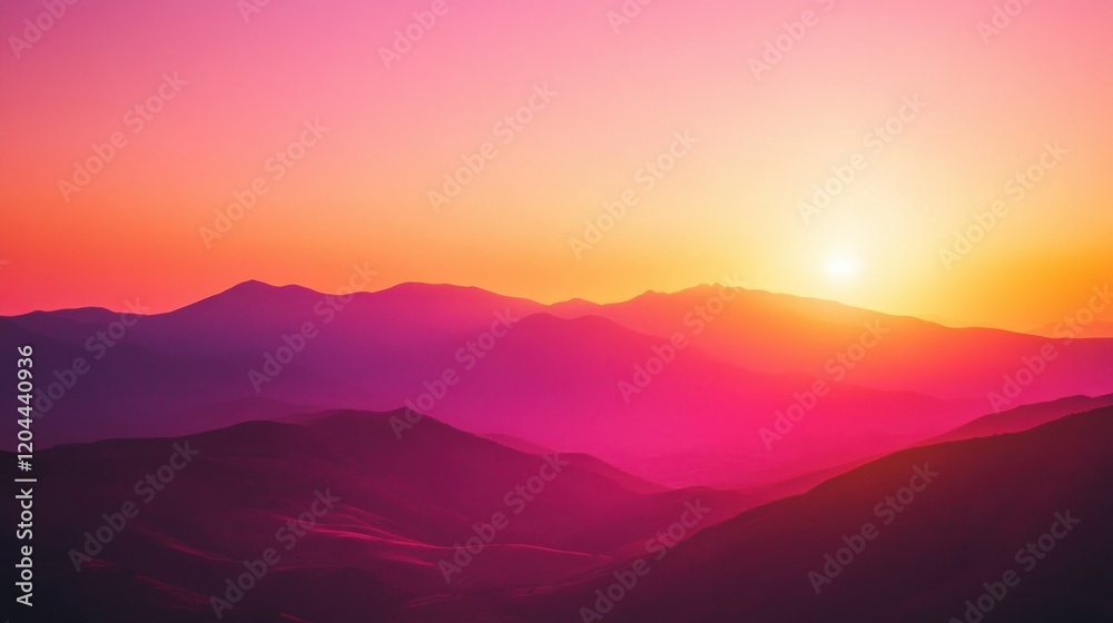 Fototapeta premium Vibrant sunset over silhouetted mountain range.