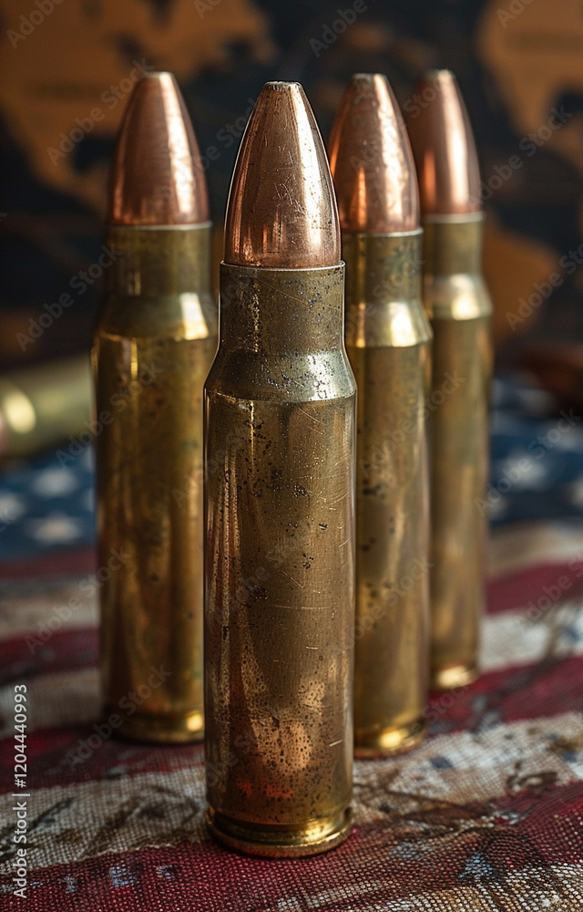 Bullet ammunition in front of a United states stars and stripes flag background, gun control, school shooting concept Bullet ammunition in front of a United states stars and stripes flag background, gun control, school shooting concept