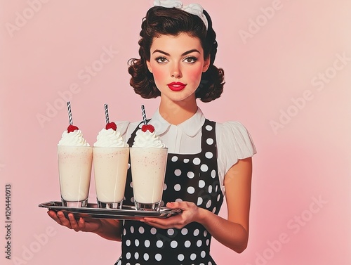Vintage waitress serving milkshakes on a tray in a retro diner setting
