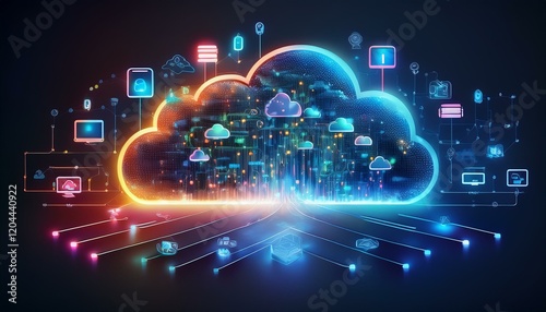 Wallpaper Mural A stylized graphic of a cloud computing concept with connected devices, icons, and glowing lines, symbolizing data transfer and digital connectivity. Torontodigital.ca