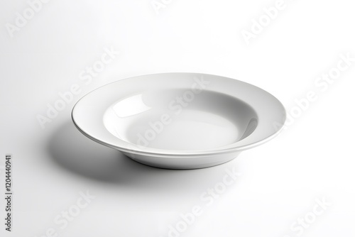 Empty white soup plate on a white background, ready for food.