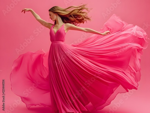 Young woman in bright pink wavy dress, Fashionable young woman dancing in long designer pink dress, Valentine day, 8 March, International Women Day photo