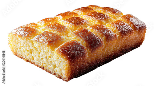 A golden, fluffy cake slice showcases a delightful texture and crust. It's perfect for desserts or snacks, made with fresh ingredients for a delicious treat.