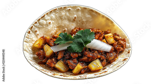 A beautiful Asian fusion taco featuring savory chicken and pineapple, garnished with fresh cilantro and onions in a soft tortilla shell.
